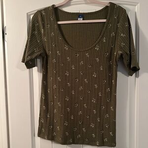 Old Navy Olive Floral Ribbed Short Sleeve Top
